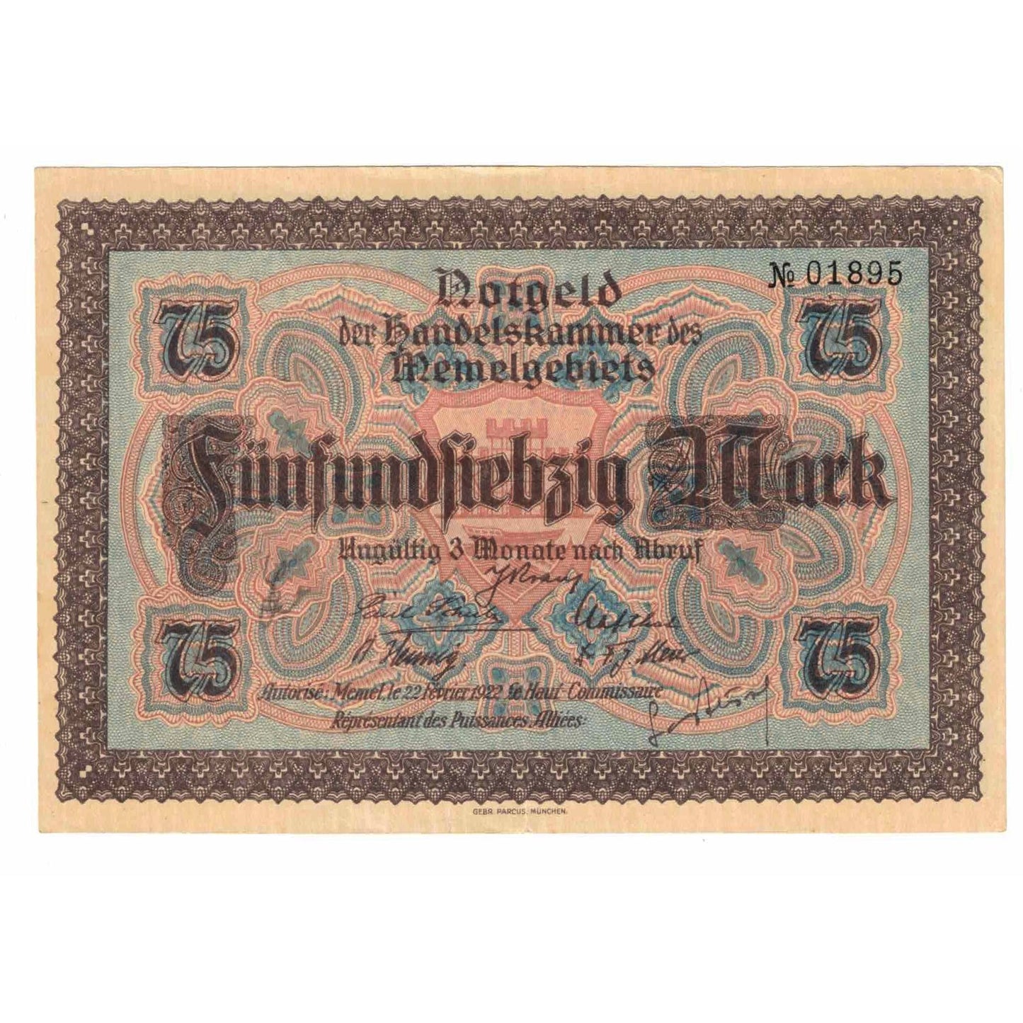 bankovka,
Memel,
75 Mark