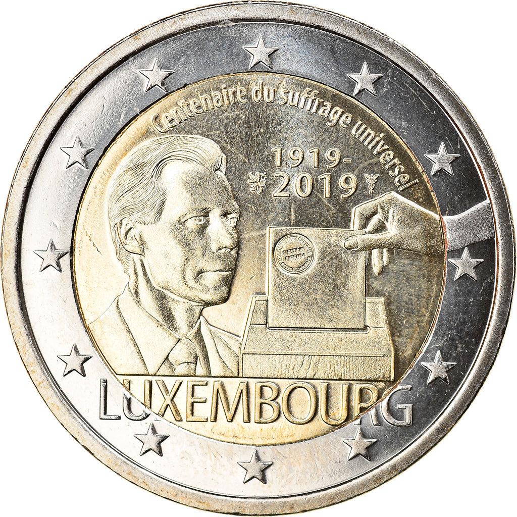 Luxembursko,
2 eurá,
100 Jahre des allgemeinen Wahlrechts
