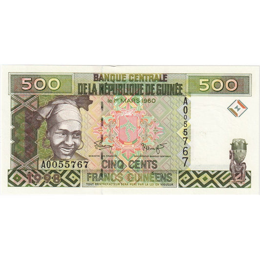 Guinea,
 
 500 frankov,
 
 UNC(65-70)