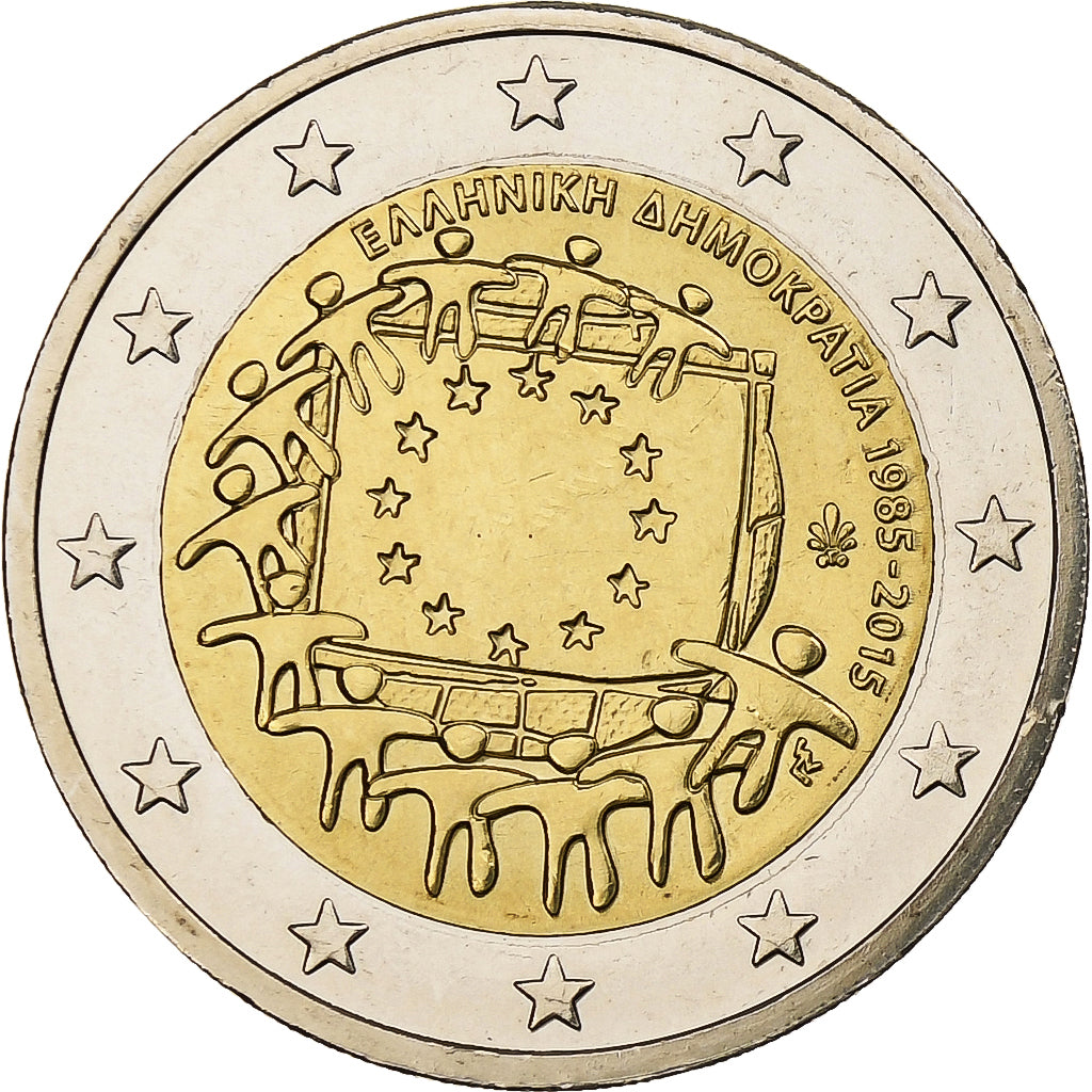 Grécko, 
  
  2 eurá, 
  
  30 rokov pred Drapeau de l'UE
