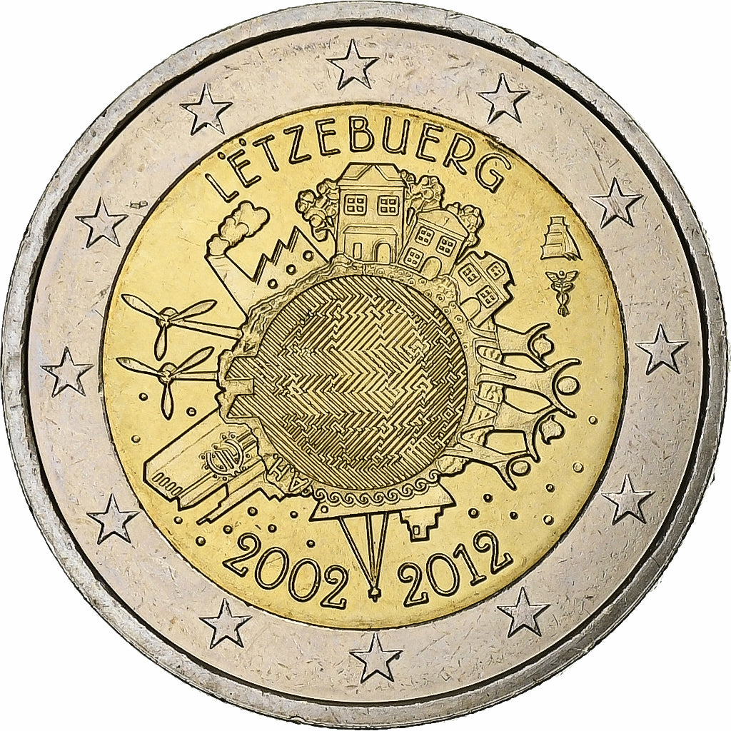 Luxembursko, 
  
  2 eurá, 
  
  10 Jahre Euro-Bageld